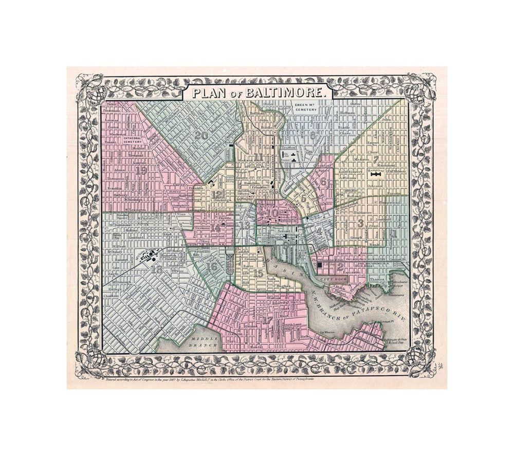 A beautiful example of S. A. Mitchell Jr.'s 1867 map of Baltimore, Maryland. Covers Baltimore from the Northwest Brach of the Patapsco River and Locust Point northwards as far as Green Mountain, Cemetary and Oliver Street. Hand colored in, pink, green, y