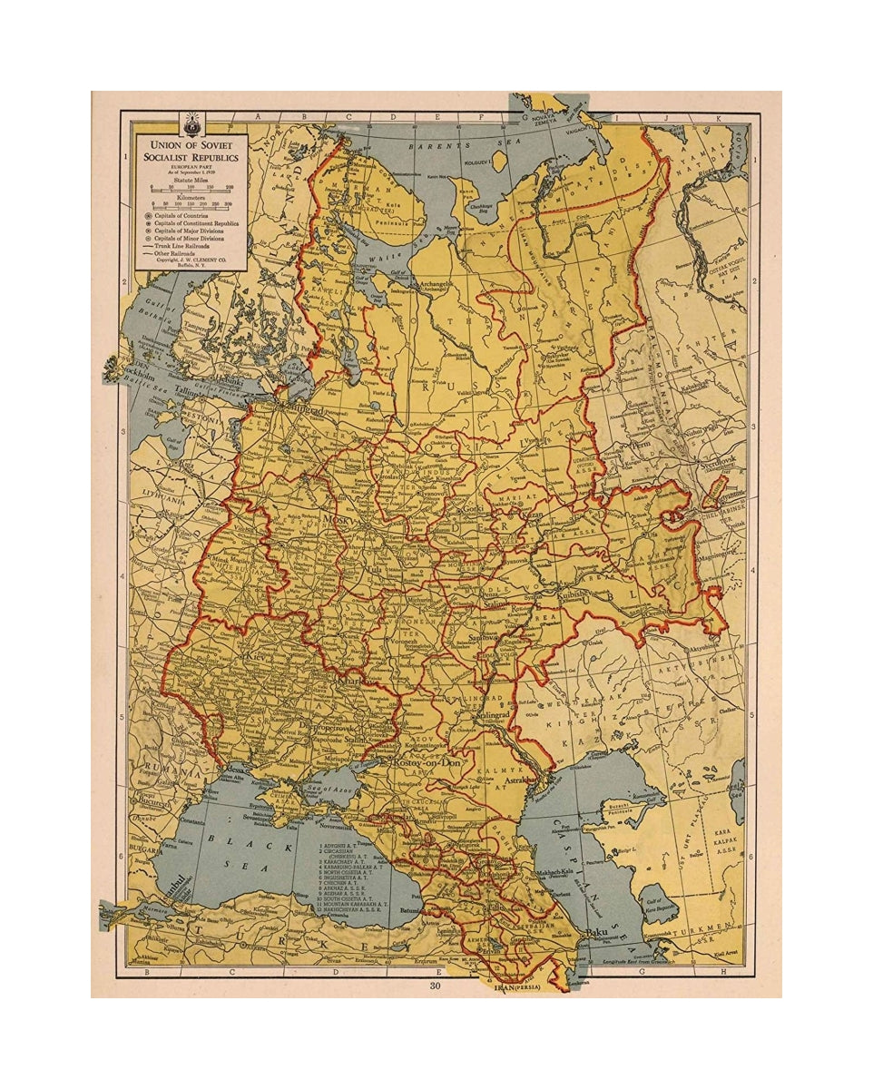 Union of Soviet Socialist Republic. European part. As of September 1, 1939. Copyright, J.W. Clement Co., Buffalo, N.Y., The New Matthews-Northrup Global atlas of the World at War. Cartography and manufacturing by J. W. Clement Co., Matthews-Northrup Work