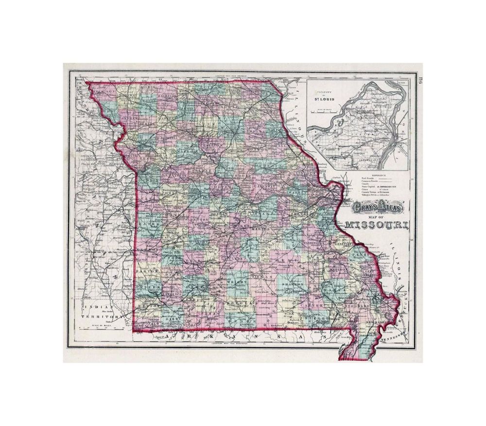 Gray's Atlas Map of Missouri., Gray's Atlas Of The United States, With General Maps Of The World. Accompanied By Descriptions Geographical, Historical, Scientific and Statistical. By O.W. Gray, Civil And Topographical Engineer, No. 10 North Fifth Street,