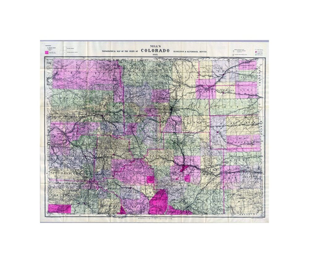 Nell's topographical map of the state of Colorado. Hamilton and Kendrick, Denver. 1895. Copyright by Louis Nell, Denver, Colo. 1895. Maps of every description prepared by Louis Nell, Denver., Nell's topographical map of the state of Colorado. Hamilton an