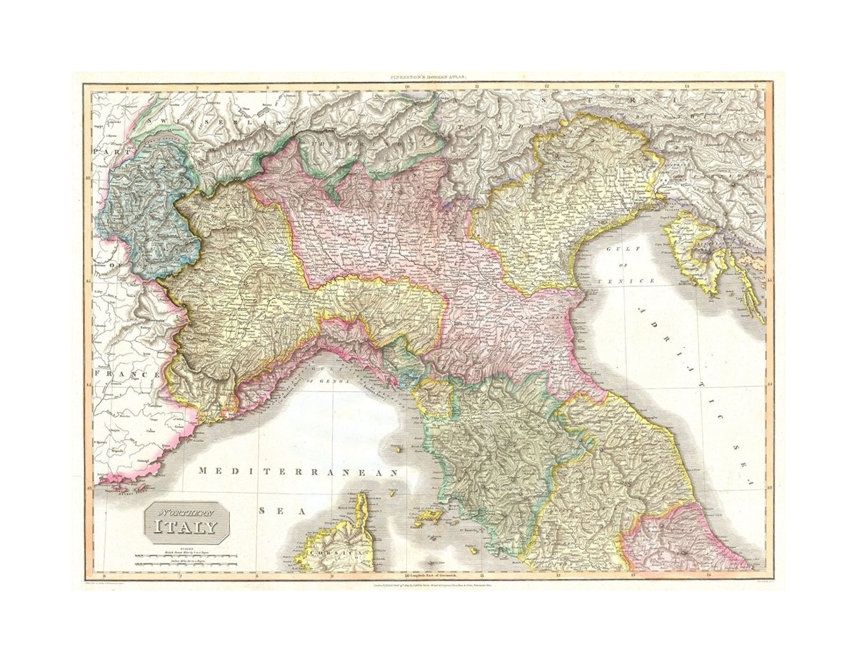 This fascinating hand colored 1809 map by Edinburgh cartographer John Pinkerton depicts Northern Italy, including Tuscany (Florence / Firenze ), Venice, Lombardy, Piedmont, and Milan. Early Pinkerton maps such as this one offer extraordinary quality and