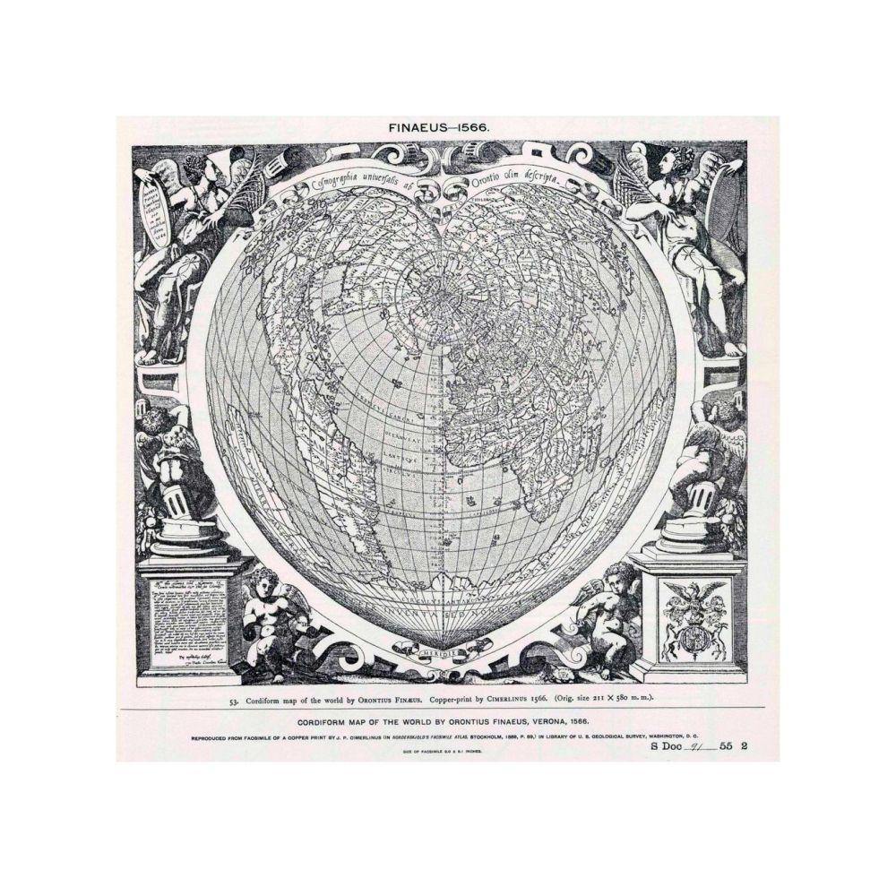 1566 Facsimile: World by Finaeus. Map|Historic Antique Vintage Reprint|24x24| - New York Map Company