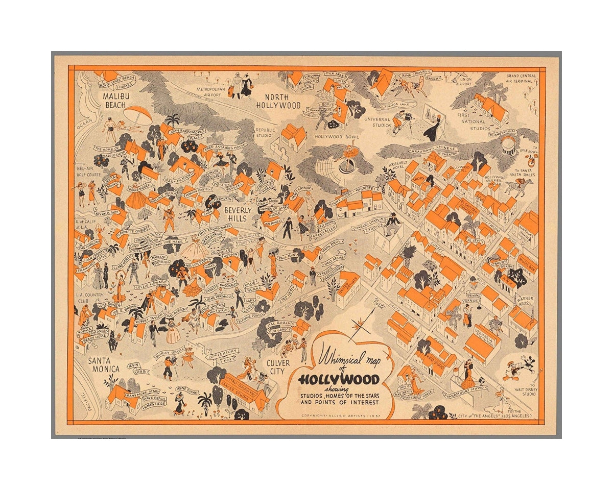 18in, Whimsical map of Hollywood showing Studios, Homes of the Stars and Points of Interest., 1937, Historic Antique Vintage Map Reprint
