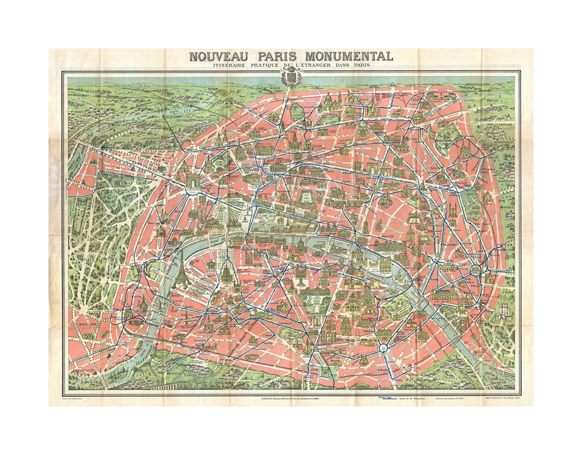 A highly decorative map of Paris dating to c. 1910. Covers the historic center of Paris as well as some of the surrounding countryside - in, particular the Bois de Boulogne. Designed with the tourist in, mind, this map shows all major monuments and histo