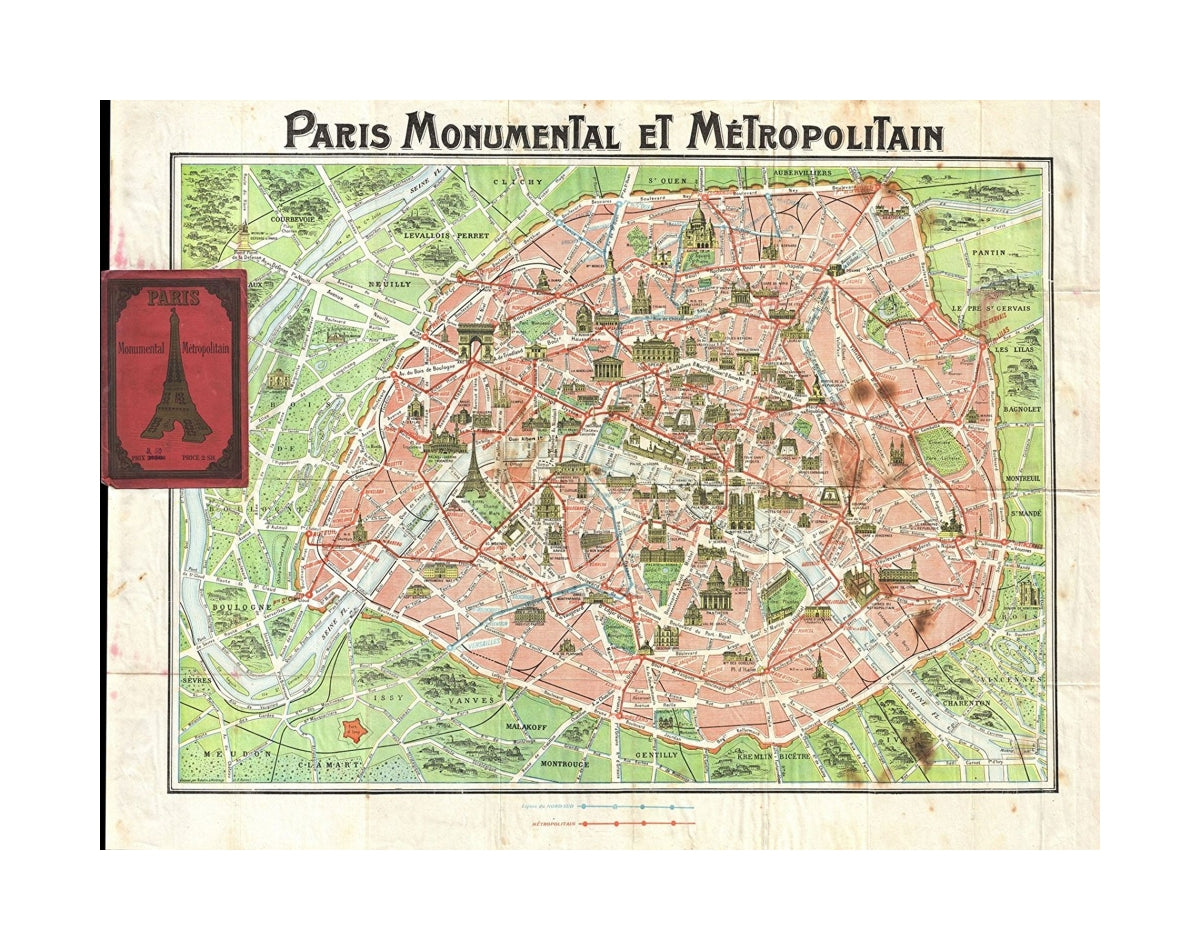 This is an extremely attractive c. 1920 tourist pocket map of Paris, France. Covers the old walled city of Paris and the immediate vicinity. Important buildings are shown in, profile, including the Eiffel Tower. Shows both the train, and Metro lines thro