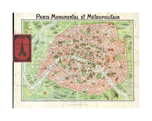 This is an extremely attractive c. 1920 tourist pocket map of Paris, France. Covers the old walled city of Paris and the immediate vicinity. Important buildings are shown in, profile, including the Eiffel Tower. Shows both the train, and Metro lines thro