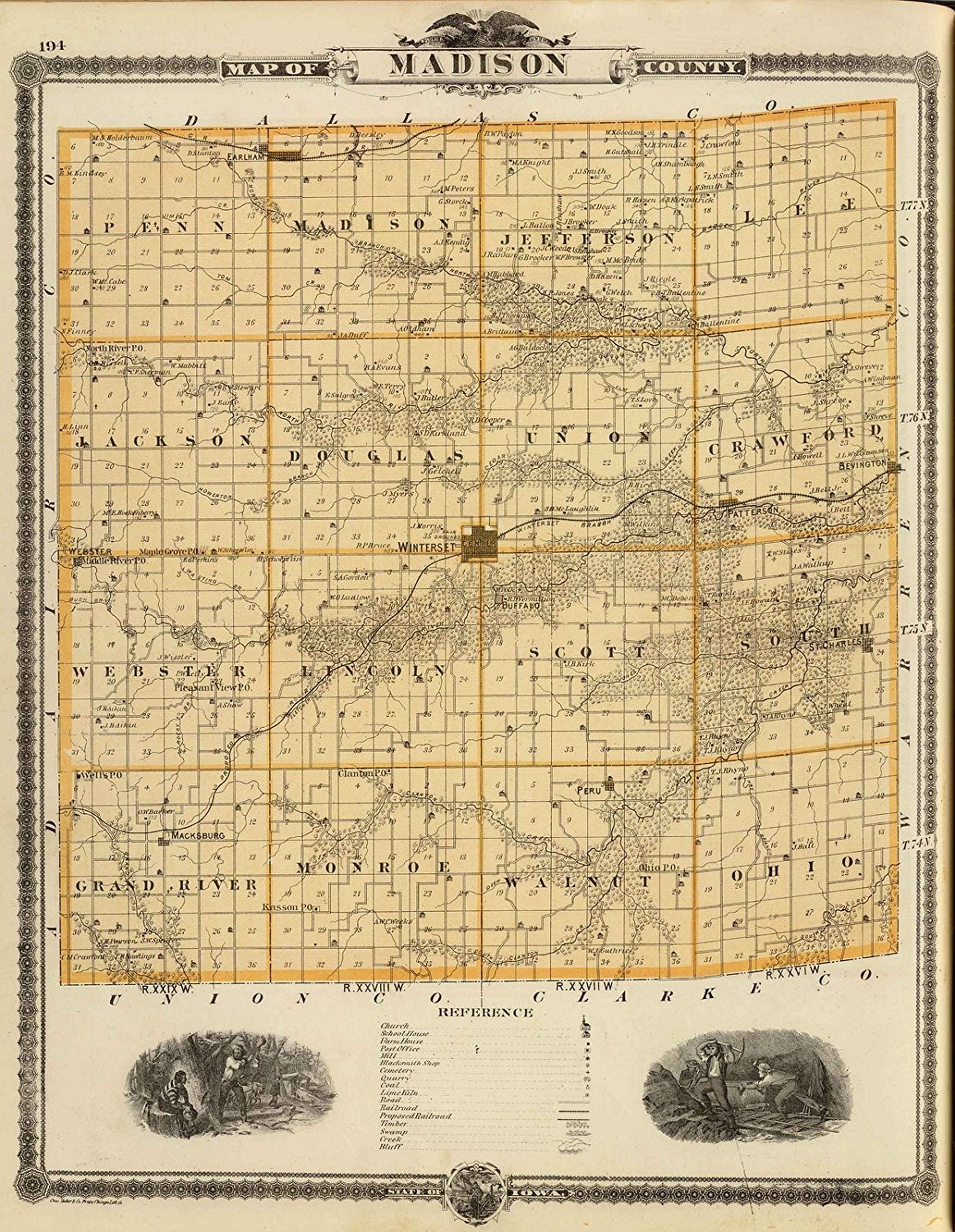 Map of Madison County, State of Iowa. Chas. Shober and Co., props., Chicago Lith. Co. (Published by the Andreas Atlas Co., Lakeside Building, Chicago, Ills. Engraved and printed by Chas. Shober and Co., Props. of Chicago Lithographing Co.), A.T. Andreas'