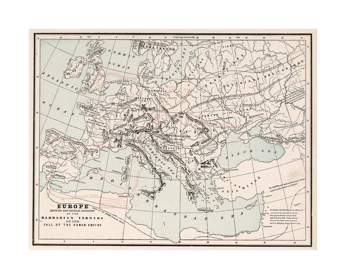 Europe showing the general direction of the Barbarian Inroads on the fall of the Roman Empire. (to accompany) Cram's atlas of the world, ancient and modern: new census edition -- indexed., Cram's atlas of the world, ancient and modern: new census edition