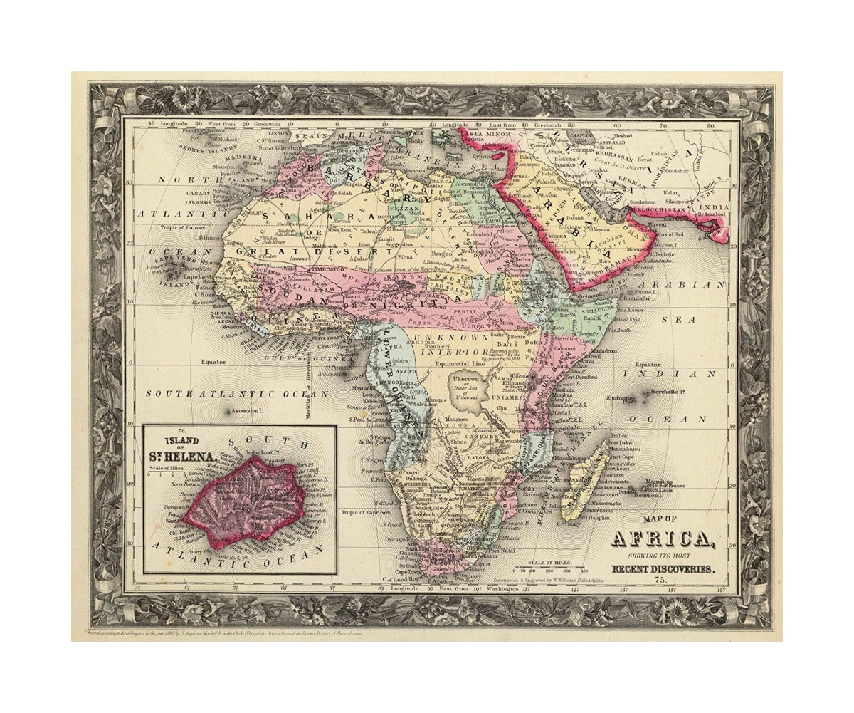 Map Of Africa, Showing Its Most Recent Discoveries. 75. Constructed and Engraved by W. Williams. Philadelphia. 75. (with) inset map Island Of St. Helena. 76. Entered... 1860, by S. Augustus Mitchell, Jr.... Pennsylvania., Mitchell's New General Atlas, Co