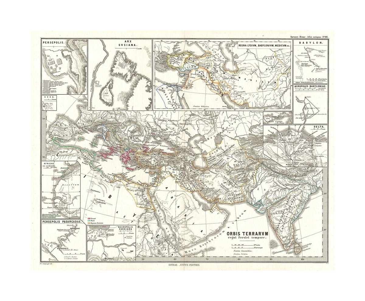 This is Karl von Spruner's 1865 map of The World at the Time of the Persian Empire with eleven insets. The insets (starting clockwise from the upper-left quadrant) feature "Persepolis", "Arx Susiana", "the Kingdoms of Lydia, Babylon, and Media", "Babylon