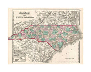 A very attractive 1874 map of North Carolina by O. Gray. This map covers the entire state in, considerable detail with vivid hand coloring at the county level. Notes roads, railways, towns and cities, and some topographical detail. An inset map in, the l