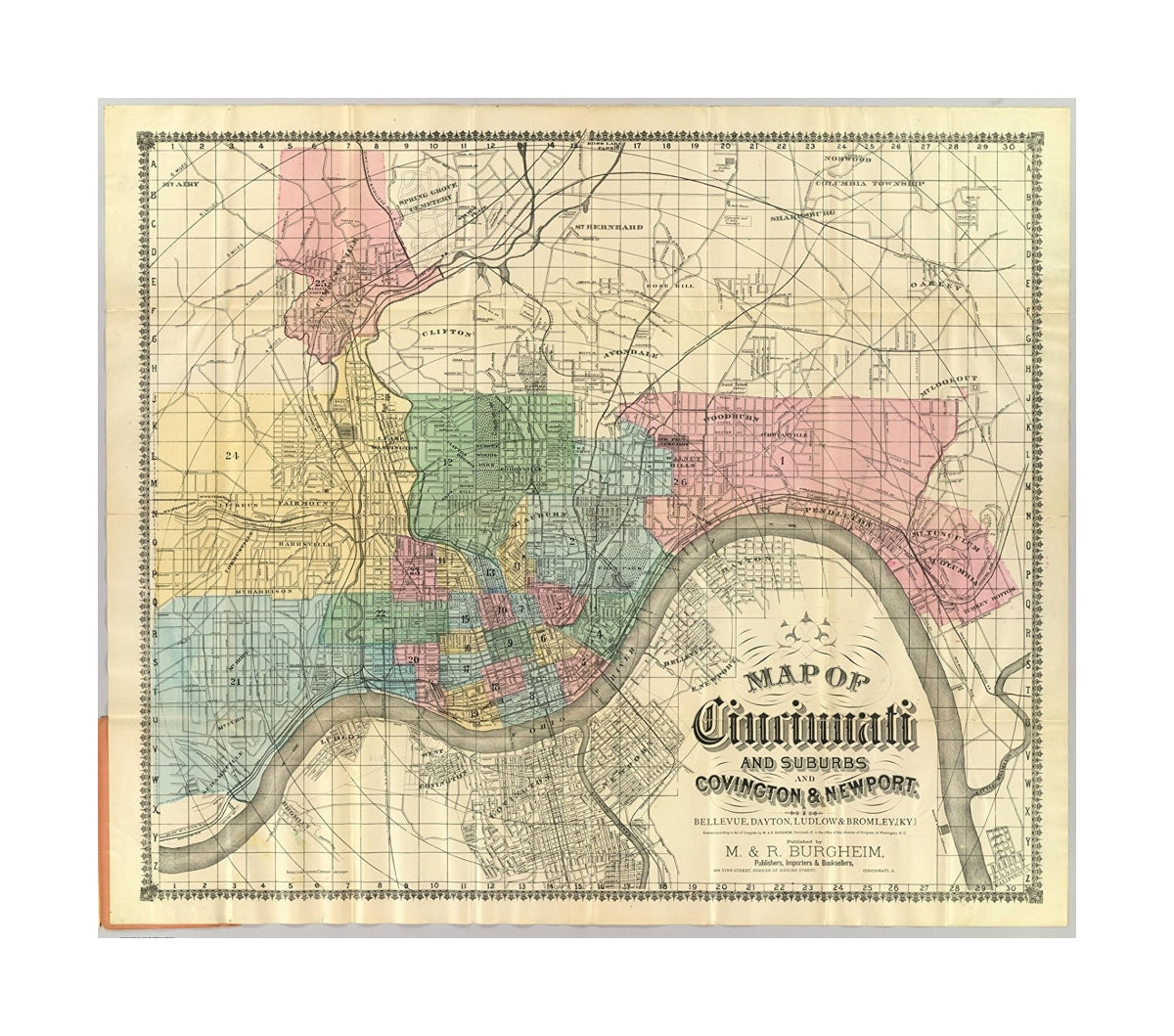 Map of Cincinnati and suburbs and Covington and Newport. Bellevue, Dayton, Ludlow and Bromley, [Ky]. Entered... by M. and R Burgheim, Cincinnati, O.... Washington, D.C. Published by M. and R. Burgheim, Publishers, Importers and Booksellers, 484 Vine Stre