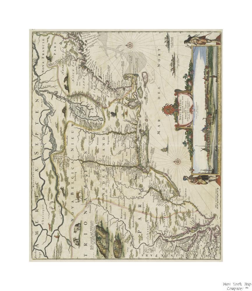 1655 (Questionable) map of Novi Belgii Novaeque Angliae nec non partis Virginiae tabula multis in locis emendata. Visscher, Nicolaes (1618-1679 ) (Publisher) Publisher/ Nicolas Joannis Visscher - New York Map Company