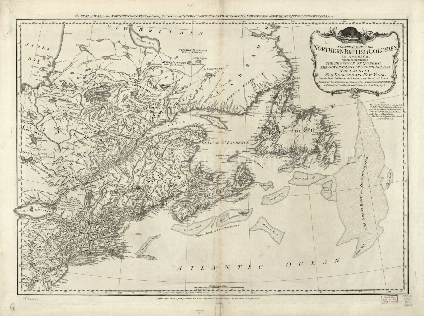 1776 mapVintage map: northern British colonies in America. Which comprehends the province of Quebec, the government of Newfoundland, Nova-Scotia, New-England and New-York. From the maps published by the Admiralty and Board of Trade, regulated by the astr