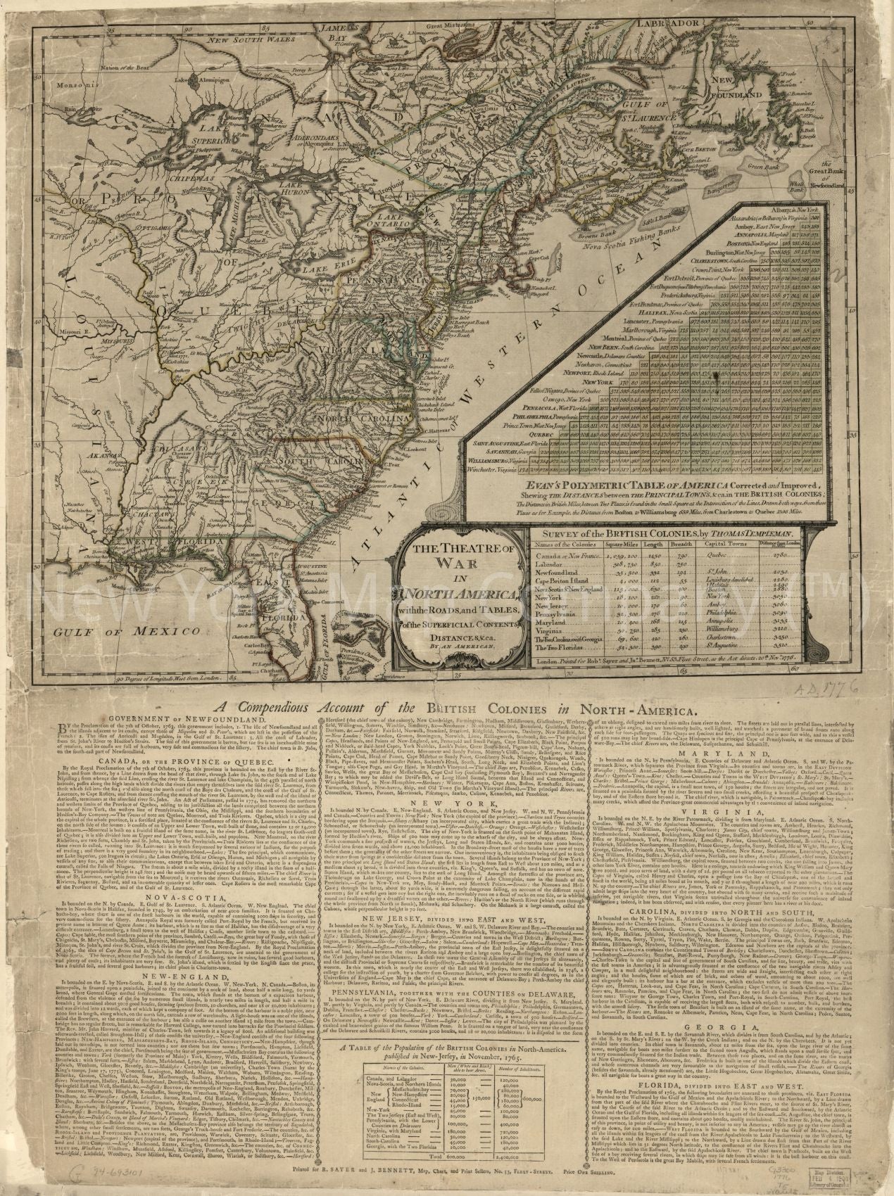 1776 map The Theatre of war in North America, with the roads, and tables, of the superficial contents, distances, andca. Evan's polymetric table of America,. Map Subjects: North America