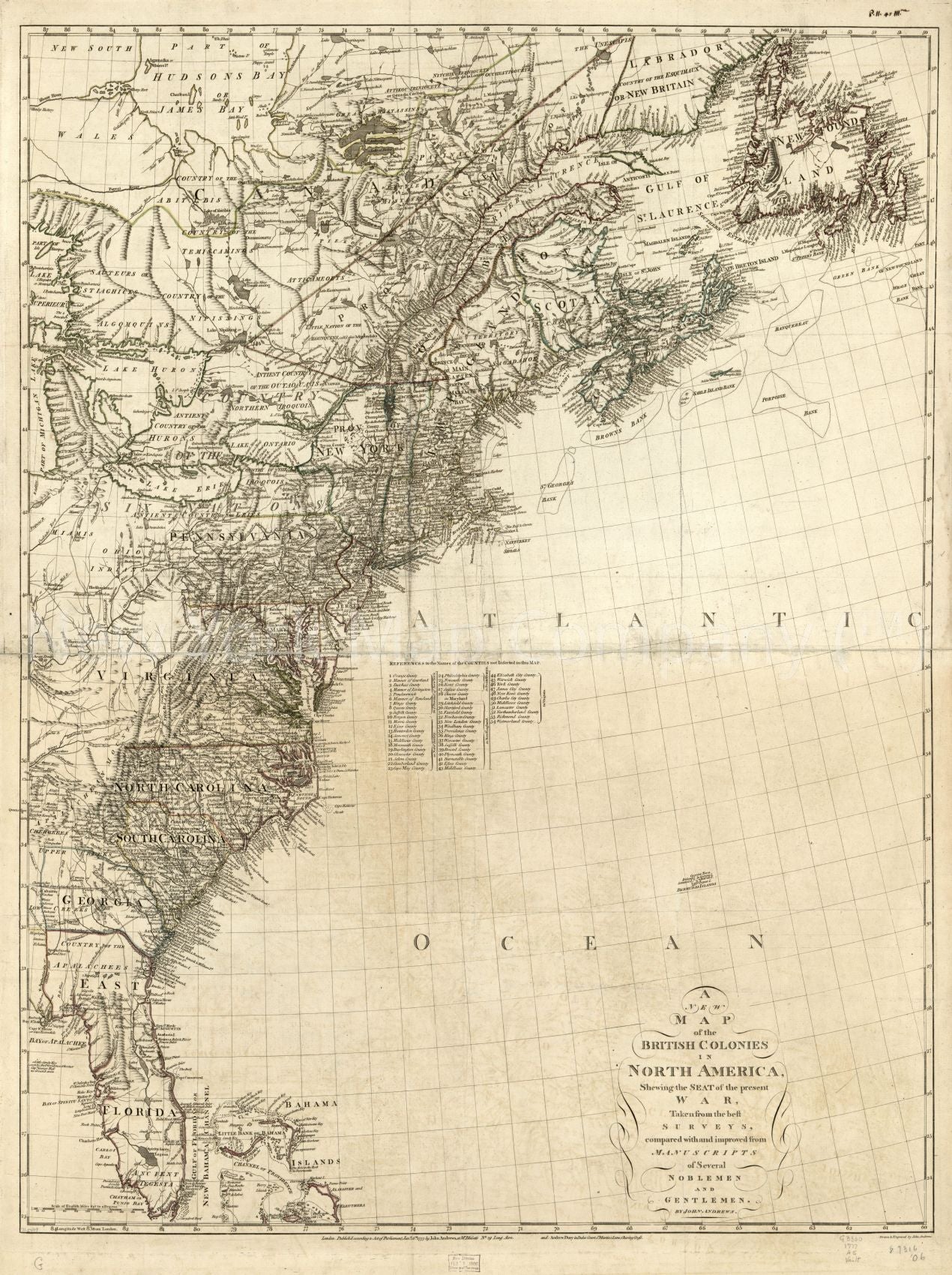 1777 map A new map of the British colonies in North America, shewing the seat of the present war, taken from the best surveys, compared with and improved from manuscripts of several noblemen and gentlemen. References to the names of the countries not ins