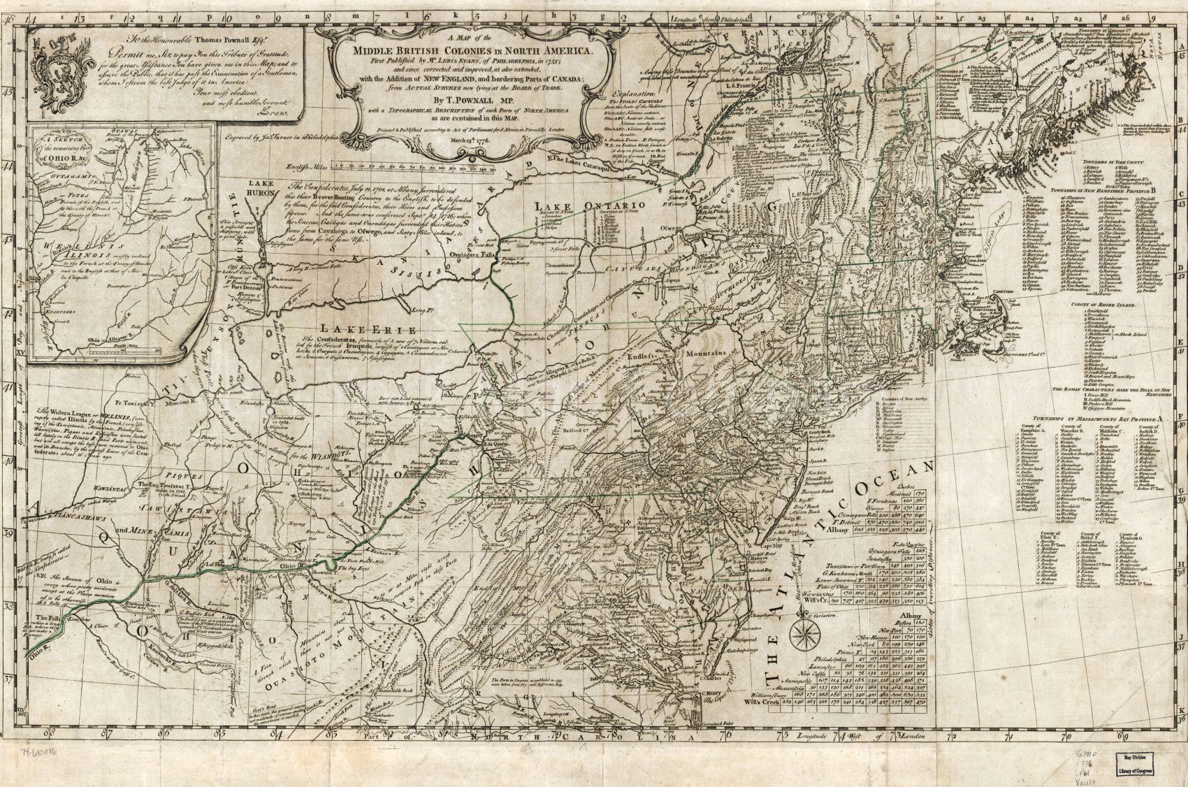 1776 mapVintage map of the middle British colonies in North America. First published by Lewis Evans, of Philadelphia, in 1755; and since corrected and improved, as also extended, with the addition of New England, and bordering parts of Canada; from actua