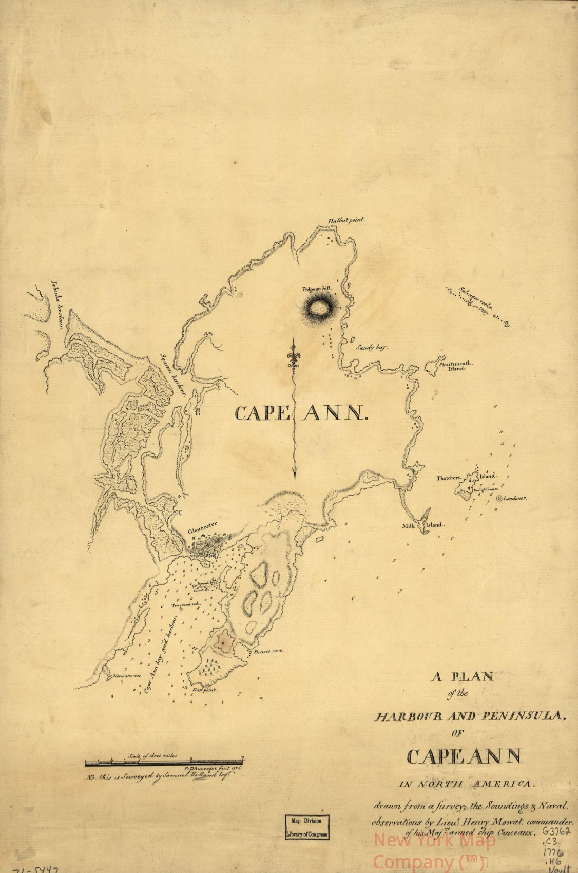 1776 map A plan of the harbour and peninsula of Cape Ann in North America,. Map Subjects: Ann | Cape | Ann | Cape Mass | Gloucester | Harbors | Massachusetts |
