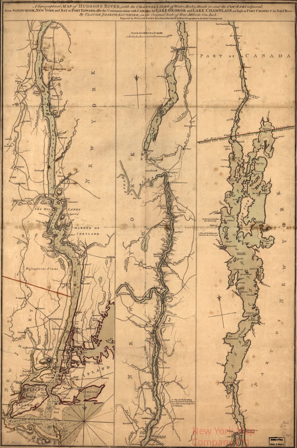 1777 map A topographical map of Hudsons River, with the channels depth of water, rocks, shoals andc. and the country adjacent, from Sandy-Hook, New York and bay to Fort Edward, also the communication with Canada by Lake George and Lake Champlain, as high