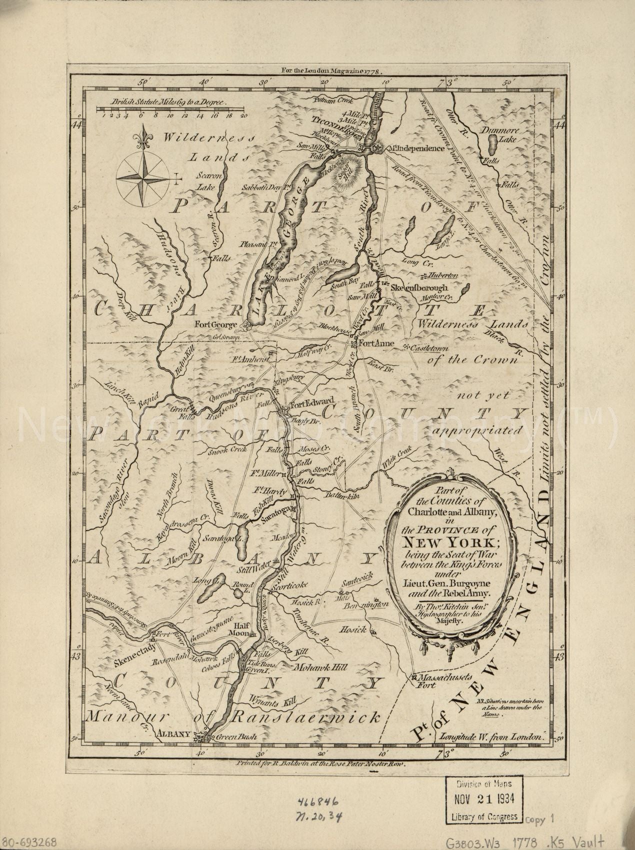 1778 map Part of the counties of Charlotte and Albany, in the Province of New York: being the seat of war between the King's forces under Lieut. Gen. Burgoyne and the rebel army For the London magazine 1778. Map Subjects: Albany County | Albany County NY