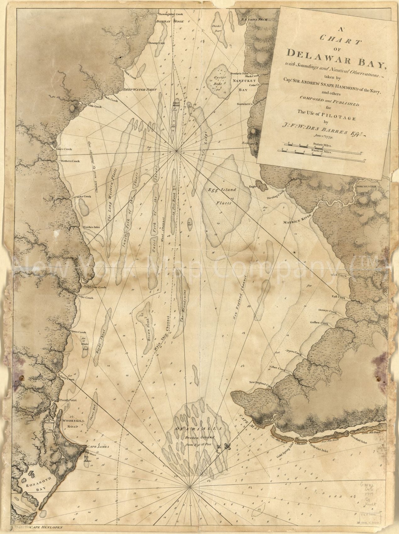 1779 map A chart of Delawar Bay, with soundings and nautical observations. Map Subjects: Delaware | Delaware Bay | Delaware Bay Del And NJ | Delaware River | Delaware River NY-DEL And NJ | Nautical Charts | New Jersey |