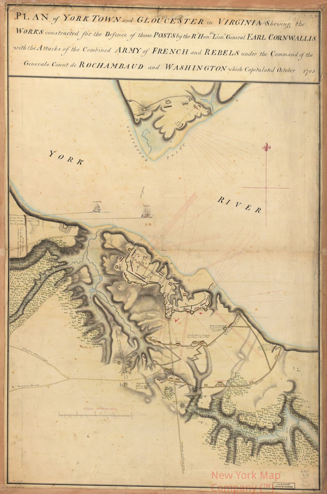 1781 map Plan of York Town and Gloucester in Virginia, shewing the works constructed for the defence of those posts by the Rt. Honble: Lieut. General Earl Cornwallis, with the attacks of the combined army of French and rebels under the command of the Gen