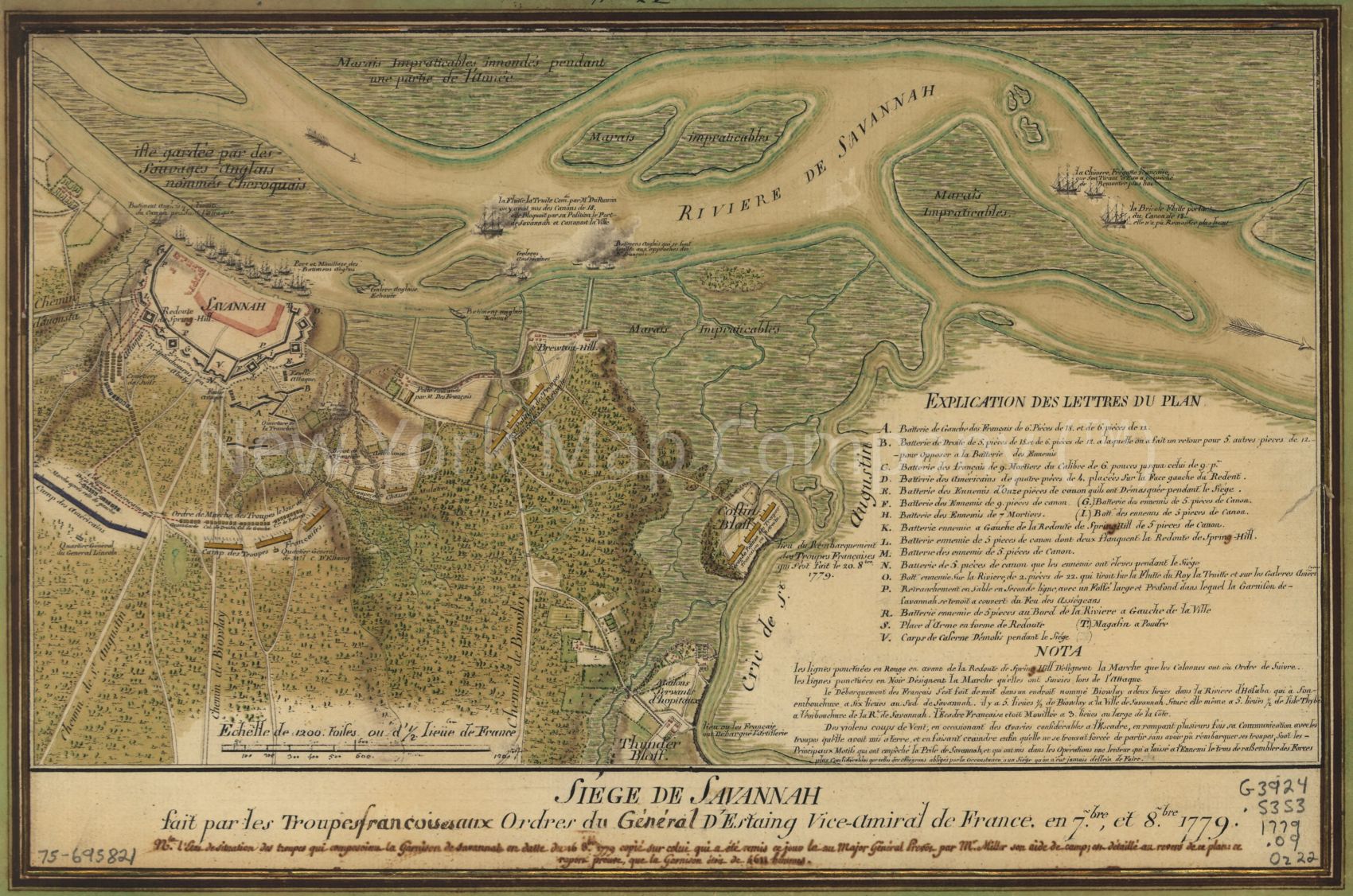 1779 map Siège de Savannah fait par les troupes françoises aux ordres du général d'Estaing vice-amiral de France, en 7.bre, et 8.bre 1779. Map Subjects: Georgia | History | Savannah | Savannah Ga | Siege |