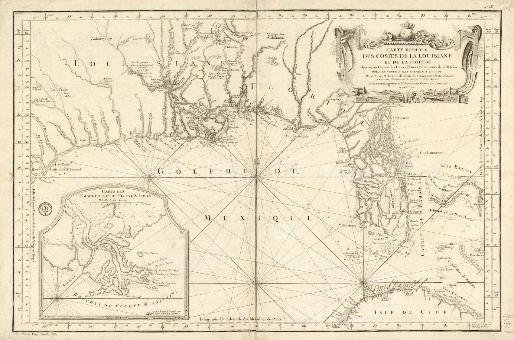 1764 map Carte réduite des costes de la Louisiane et de la Floride. Longitude occidentale du méridien de Paris. Map Subjects: Florida | Gulf Coast | Gulf Coast Fla | Gulf Coast La | Gulf Coast US | Louisiana | - New York Map Company