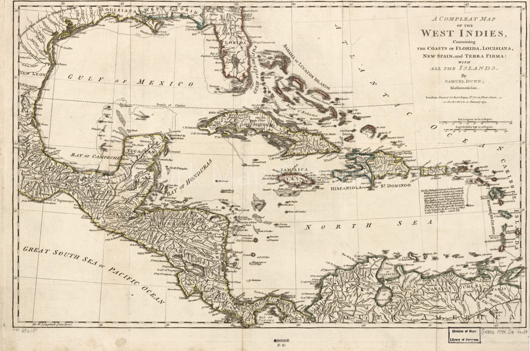 1774 map A compleat map of the West Indies containing the coasts of Florida, Louisiana, New Spain, and Terra Firma: With all the islands. Longitude from Ferro. Map Subjects: Caribbean Area | Early Maps - New York Map Company