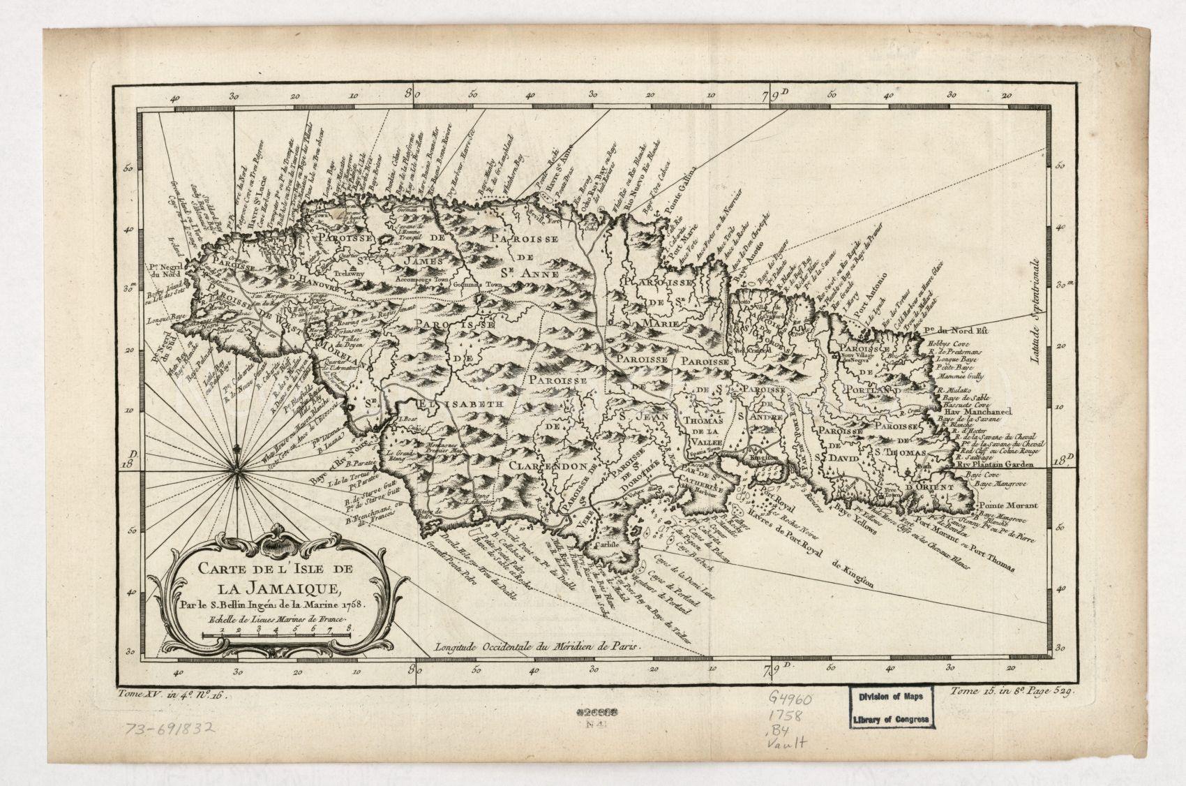 1758 map Carte de l'isle de la Jamaique. Map Subjects: Early Jamaica - New York Map Company