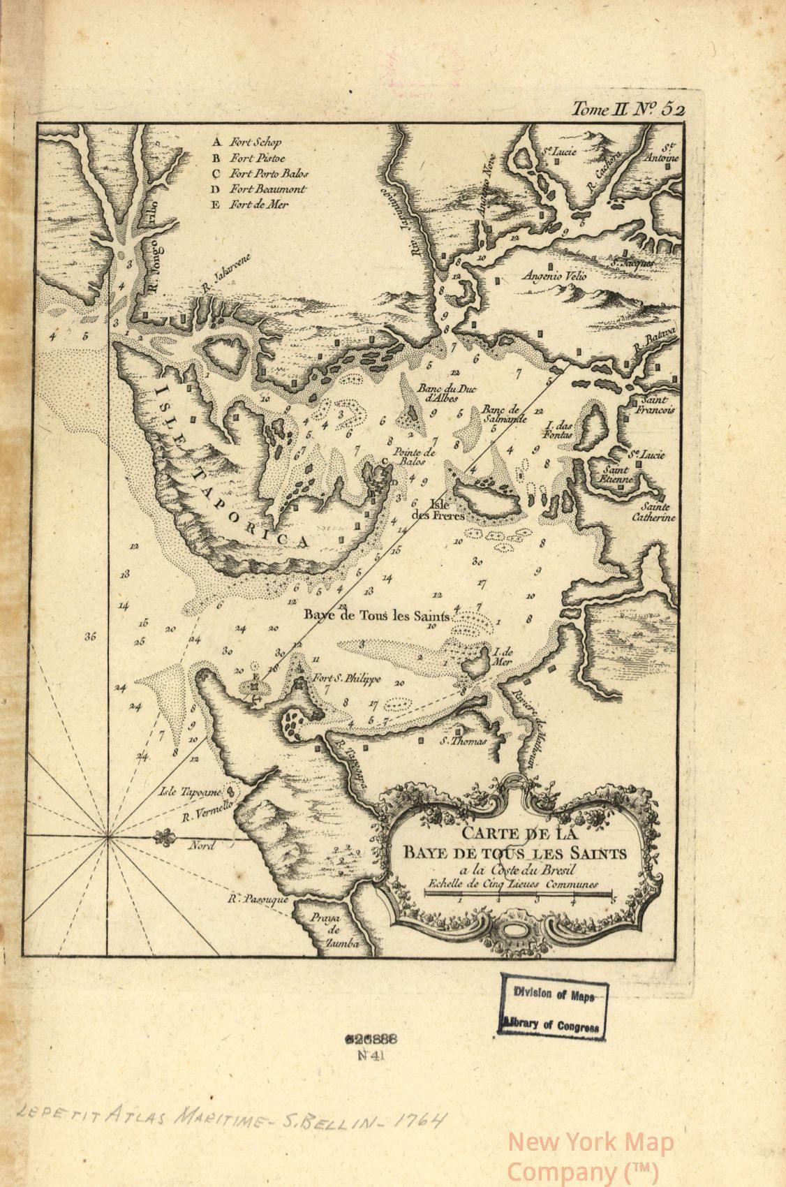 1764 map Carte de la Baye de tous les Saints a la coste de Brezil. Map Subjects: All Saints Bay | All Saints Bay Brazil | Brazil - New York Map Company