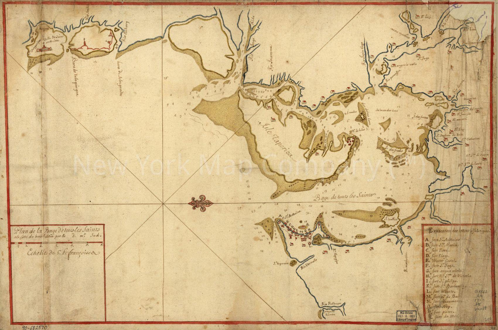 1700 map Plan de la Baye de tous les saints à la cotte du Bresil situé par les blank d. blank m'. sud. Map Subjects: All Saints Bay | All Saints Bay Brazil | Brazil | Manuscript - New York Map Company