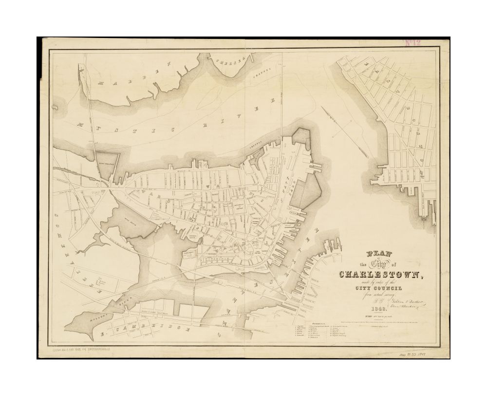 1848 Map Boston Plan of the city of Charlestown Oriented toward the upper left. Shows also parts of Somerville, Cambridge, Boston, and East Boston. "Entered according to act of Congress in the year 1848 by Felton and Parker and E. Barker in the Clerks of