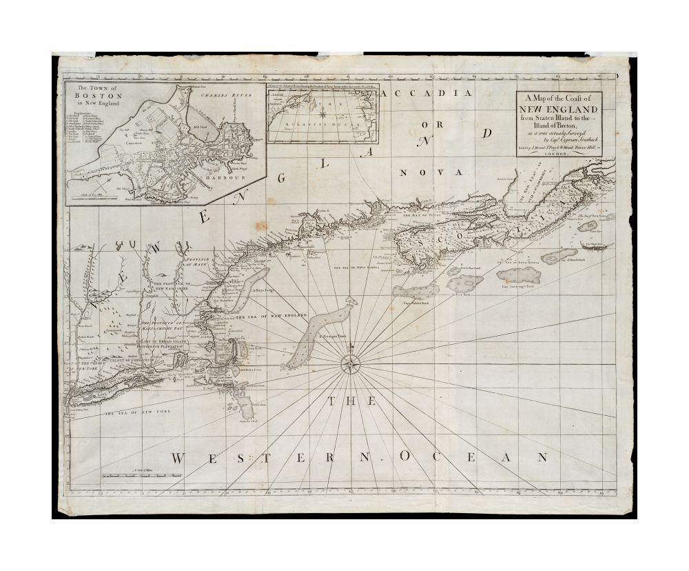 1737 Map Canada | Nova Scotian | New England | of the coast of New England, from Staten Island to the island of Breton Town of Boston in New England Chart of the Atlantic Ocean shewing the situation of Nova Scotia with respect to the British Isles This f - New York Map Company