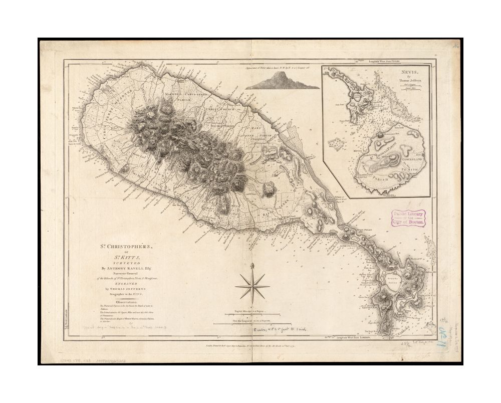 1775 Map Saint Kitts and Nevis | Saint Kitts | St. Christophers or St. Kitts Cadastral map. Prime meridian: London and Ferro. Includes statistical information, profile of Nevis, and inset "Nevis, by Thomas Jefferys." Cataloging, conservation, and digitiz - New York Map Company