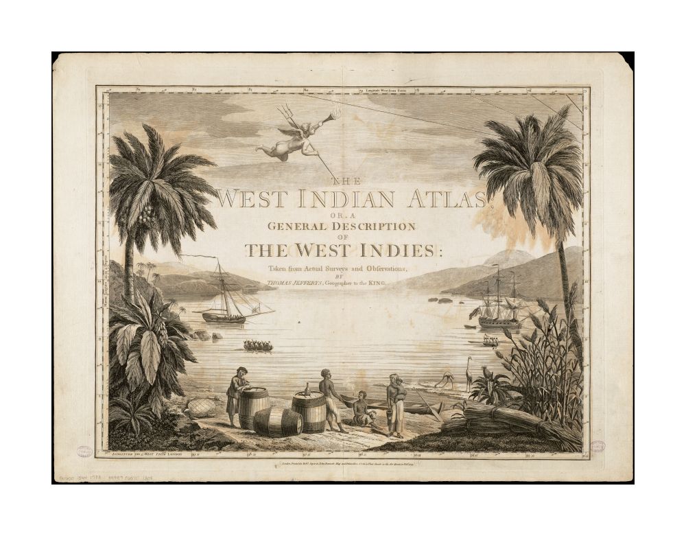 1783 Map West Indies The West Indian atlas frontispiece: or, a general description of the West Indies Engraved title page depicting natives, a trader, barrels of goods and indigenous flora and fauna on an island. Ships and other islands in the background