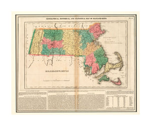 1822 Map Geographical, historical, and statistical of Massachusetts Massachusetts Relief shown pictorially. Includes description of situation, boundaries and extent, face of the country, soil and productions, peninsula, islands and capes, rivers and cana