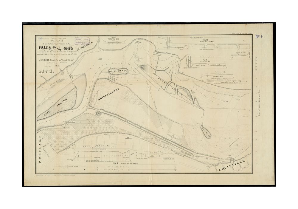 1852 Map Kentucky | Jefferson | Louisville | Falls of the Ohio Plans of the various improvements at the Falls of the Ohio