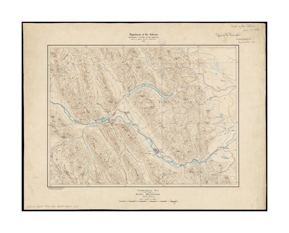 1902 Map Canada | Alberta | Banff | Rocky Mountains Topographical of the Rocky Mountains: Banff sheet and spot heights.