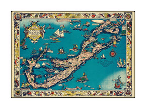 1930 Map Bermuda of the Bermuda Islands: ya des demonios, isles of the devils Bermuda Islands Relief shown pictorially. At head of The Sommer Islands. Includes illustrations, notes and decorative border. Text on verso. A picture history map. In a decorat
