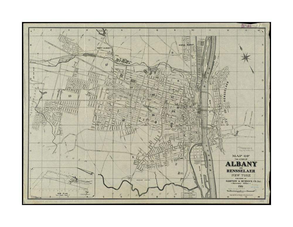 1919 Map New York | Albany | Rensselaer of the cities of Albany and Rensselaer, New York Oriented with north to the upper left. Inset: Sub plan [showing western continuation].