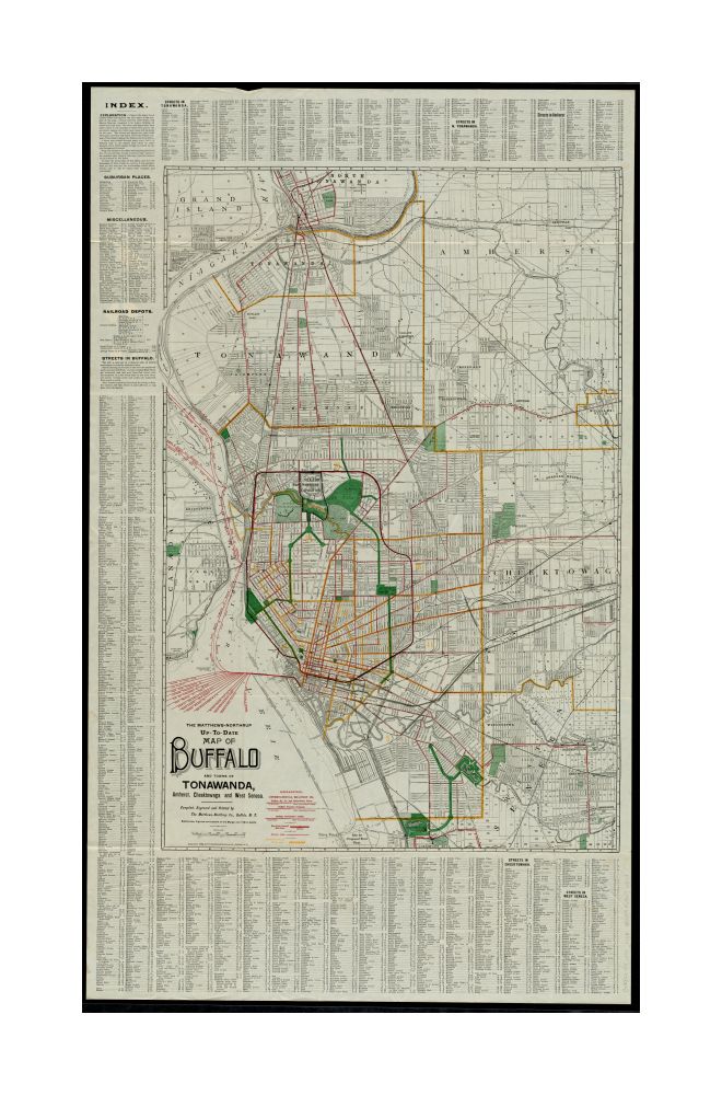 1916 Map New York | Erie | North Tonawanda The Matthews-Northrup up-to-date of Buffalo and towns of Tonawanda, Amherst, Cheektowaga and West Seneca Up-to-date Map | of Buffalo and towns of Tonawanda, Amherst, Cheektowaga and West Seneca Shows street car
