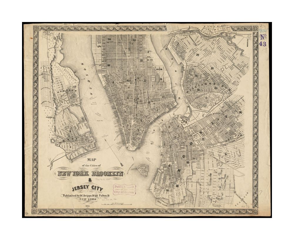 1855 Map New York | New York | Jersey City of the cities of New York, Brooklyn and Jersey City Oriented with north to upper left corner.