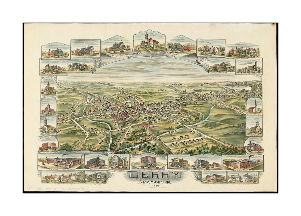 1898 Map New Hampshire | Rockingham | Derry Derry, New Hampshire Bird's-eye view from the southeast. Includes 29 vignettes of buildings.