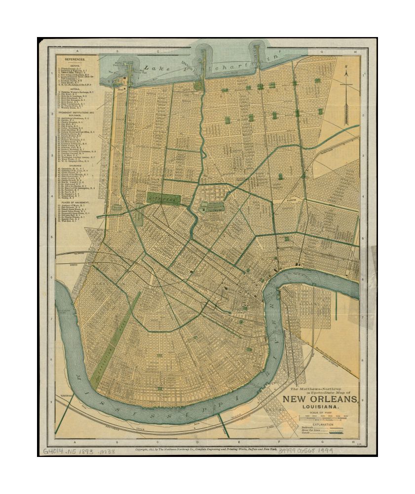 1893 Map Louisiana | Orleans | New Orleans The Matthews-Northrup up-to-date of New Orleans, Louisiana Map | of New Orleans, Louisiana Includes list of references. Index and text on verso.