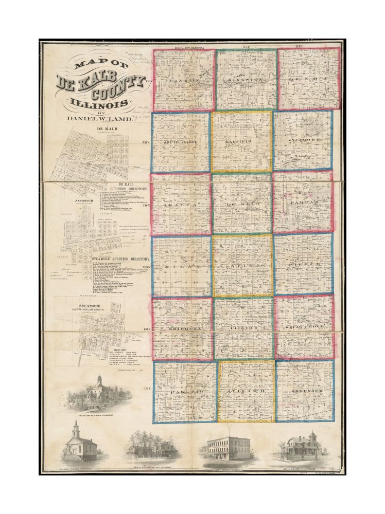 1860 Map Illinois | De Kalb | of De Kalb County, Illinois Includes business directories, views of public, residential, and commercial properties. Insets: De Kalb -- Sandwich -- Sycamore.