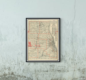 1900–1909 Map Illinois | Cook | Chicago Touring road of Chicago and environs: 6 counties Includes table of distances of towns from Chicago City Hall.
