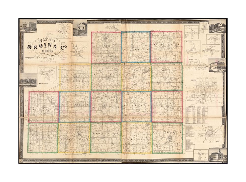 1857 Map Ohio | Medina | of Medina Co., Ohio BPL copy assembled, sectioned into 3 pieces and mounted on cloth. "Entered according to Act of Congress in the year 1854 by Robert Pearsall Smith in the Clerks Office of the District Court of the Eastern Court