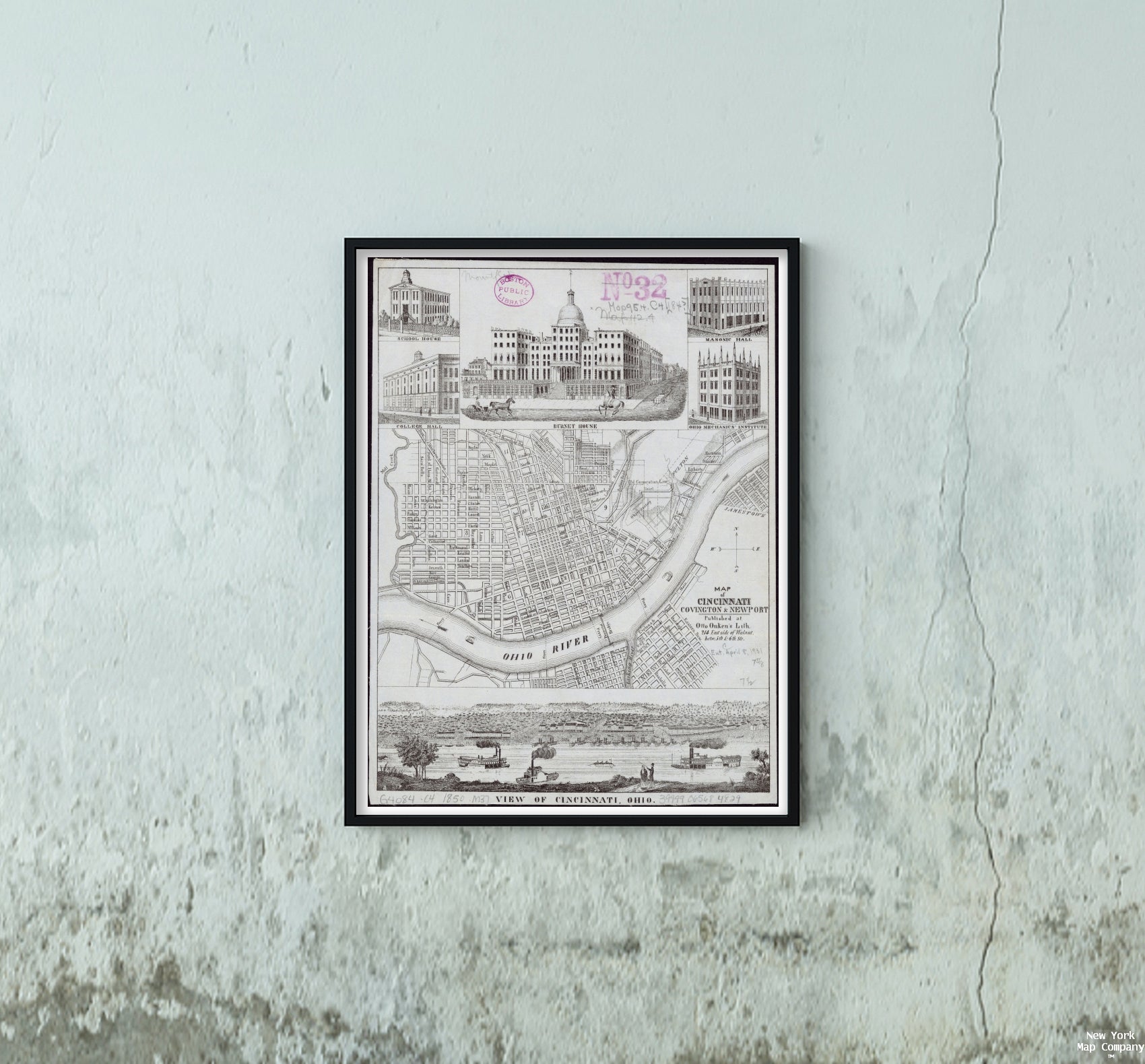 1850–1859 Map Ohio | Hamilton | Newport of Cincinnati, Covington and Newport Map | of Cincinnati, Covington and Newport Includes 6 views: School House -- College Hall -- Burnet House -- Masonic Hall -- Ohio Mechanics' Institute -- View of Cincinnati, Ohi