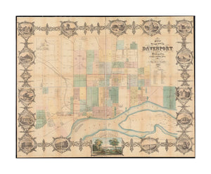 1857 Map Iowa | Scott | Davenport of the city of Davenport and its suburbs, Scott County, Iowa Shows lots and landowners. Decorative border with 15 inset views of buildings and 1 col. view. Some land features illustrated.